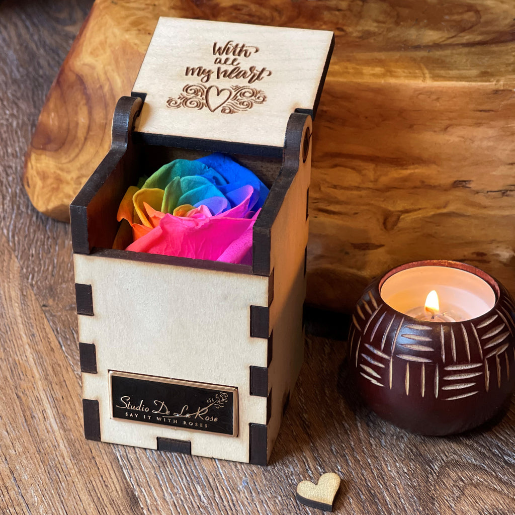 Eternally Gorgeous Vibrant Rainbow Rose | Glamorous Wooden Box – Studio ...