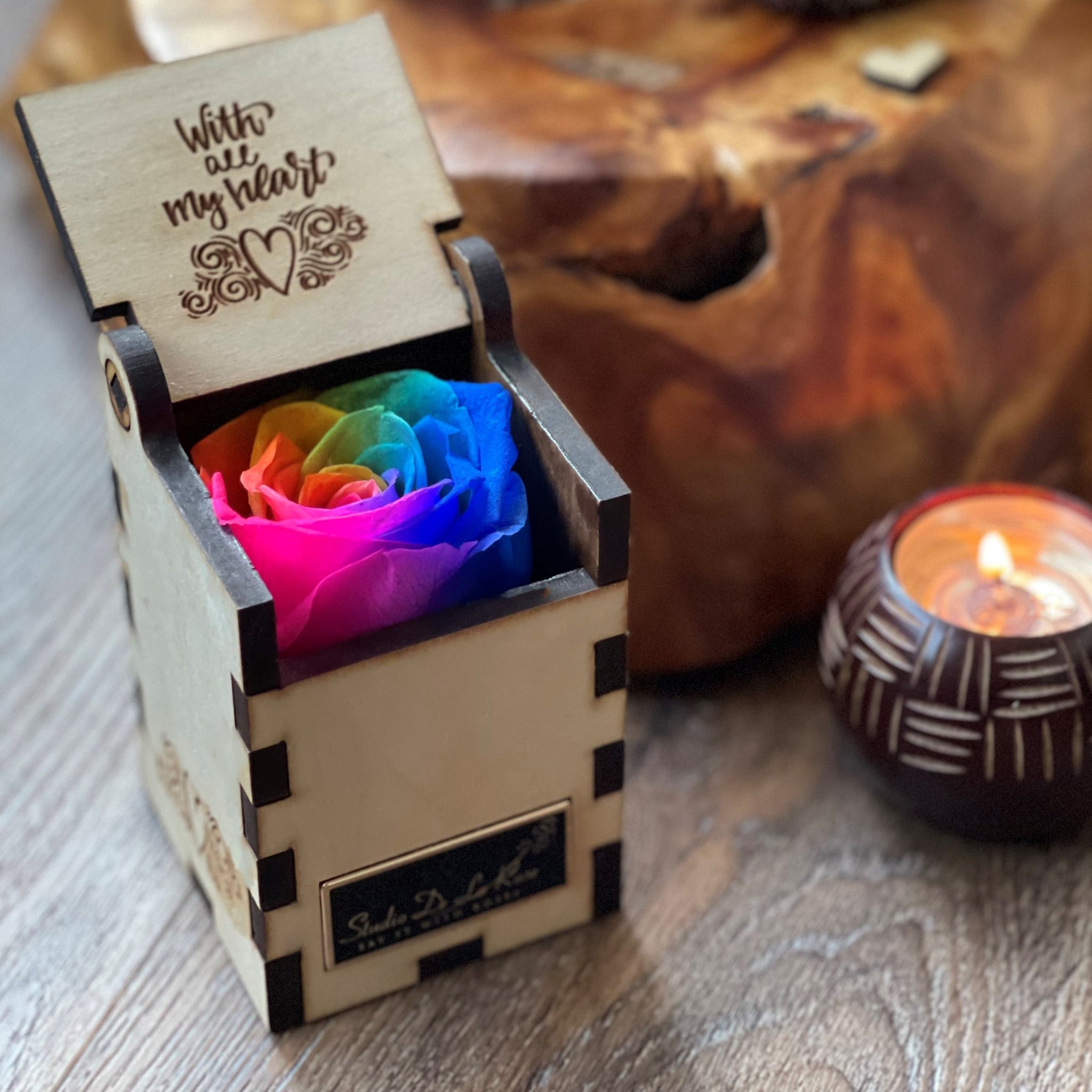 Eternally Gorgeous Vibrant Rainbow Rose | Glamorous Wooden Box – Studio ...