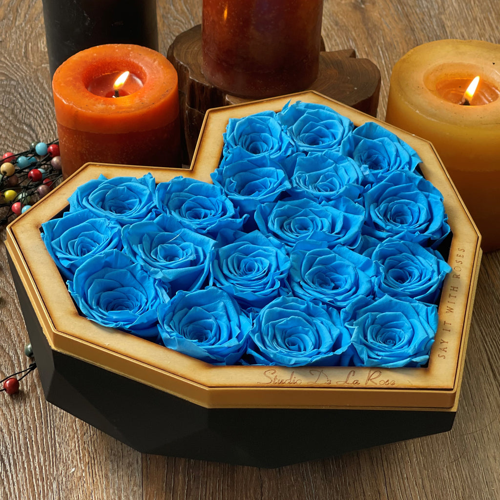 Magnificent Ocean Blue Real Preserved Roses - Luxury Large Diamond Heart Box