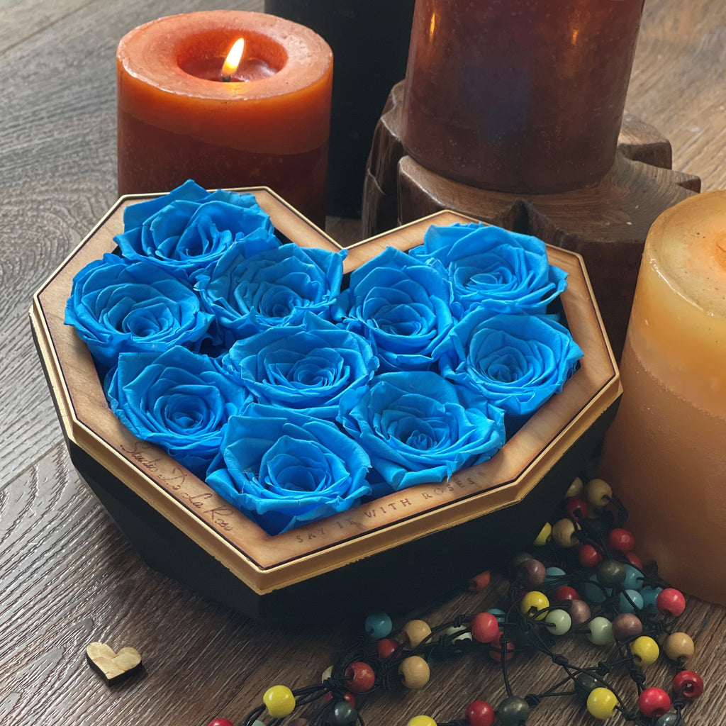 Magnificent Ocean Blue Real Preserved Roses - Luxury Small Diamond Heart Box