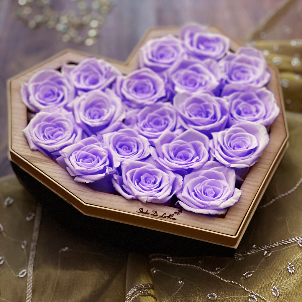 "Premium Preserved Lilac Roses - Luxury Large Black  Diamond Heart Box"